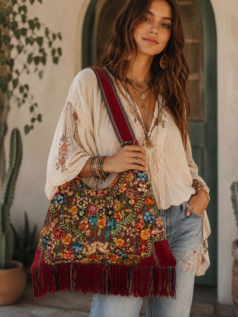 Vintage Boho-glam Embroidered Floral Fringe Shoulder Bag Purse Artisan Statement